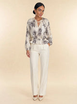Camicia misto lino over scollo v con vita elasticizzata, stampa fiori Avelia