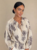 Camicia misto lino over scollo v con vita elasticizzata, stampa fiori Avelia