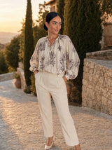 Camicia misto lino over scollo v con vita elasticizzata, stampa fiori Avelia