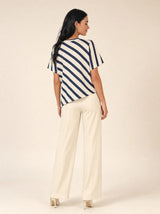 T-shirt donna over asimmetrica a righe diagonali in misto cotone Marina