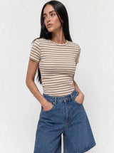 T-shirt a Righe Girocollo Beige