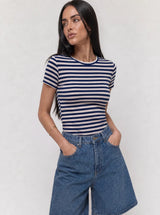 T-shirt a Righe Girocollo Blu Scuro