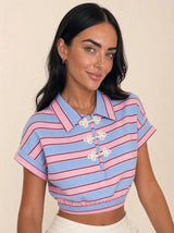 T-shirt con colletto e nodi cinesi, a righe larghe Yuna