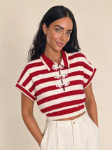 T-shirt con colletto e nodi cinesi, a righe larghe Yuna