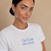 T-shirt slim fit con ricamo frontale Celeste