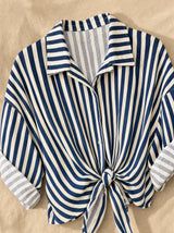 Camicia maniche risvolto a righe contrasto, con fiocco Elvire