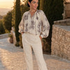 Camicia misto lino over scollo v con vita elasticizzata, stampa fiori Avelia