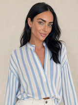 Camicia in pura Ramiè a righe, collo alla coreana Zefira