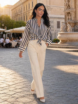 Camicia in pura Ramiè a righe, collo alla coreana Zefira