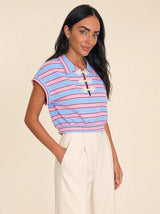 T-shirt con colletto e nodi cinesi, a righe larghe Yuna