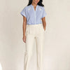 Camicia puro cotone gessata con ricami, collo alla coreana Livia