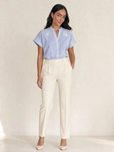 Camicia puro cotone gessata con ricami, collo alla coreana Livia