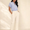Camicia puro cotone gessata con ricami, collo alla coreana Livia