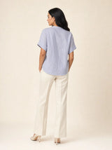 Camicia puro cotone gessata con ricami, collo alla coreana Livia