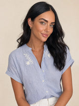 Camicia puro cotone gessata con ricami, collo alla coreana Livia