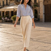 Camicia puro cotone gessata con ricami, collo alla coreana Livia