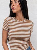 T-shirt a Righe Girocollo Beige