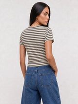 T-shirt a Righe Girocollo Verde Mil