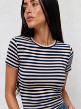 T-shirt a Righe Girocollo Blu Scuro