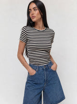T-shirt a Righe Girocollo Nero