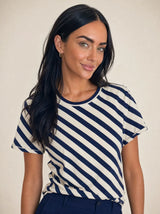 T-shirt donna over asimmetrica a righe diagonali in misto cotone Marina