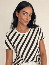 T-shirt donna over asimmetrica a righe diagonali in misto cotone Marina