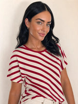 T-shirt donna over asimmetrica a righe diagonali in misto cotone Marina